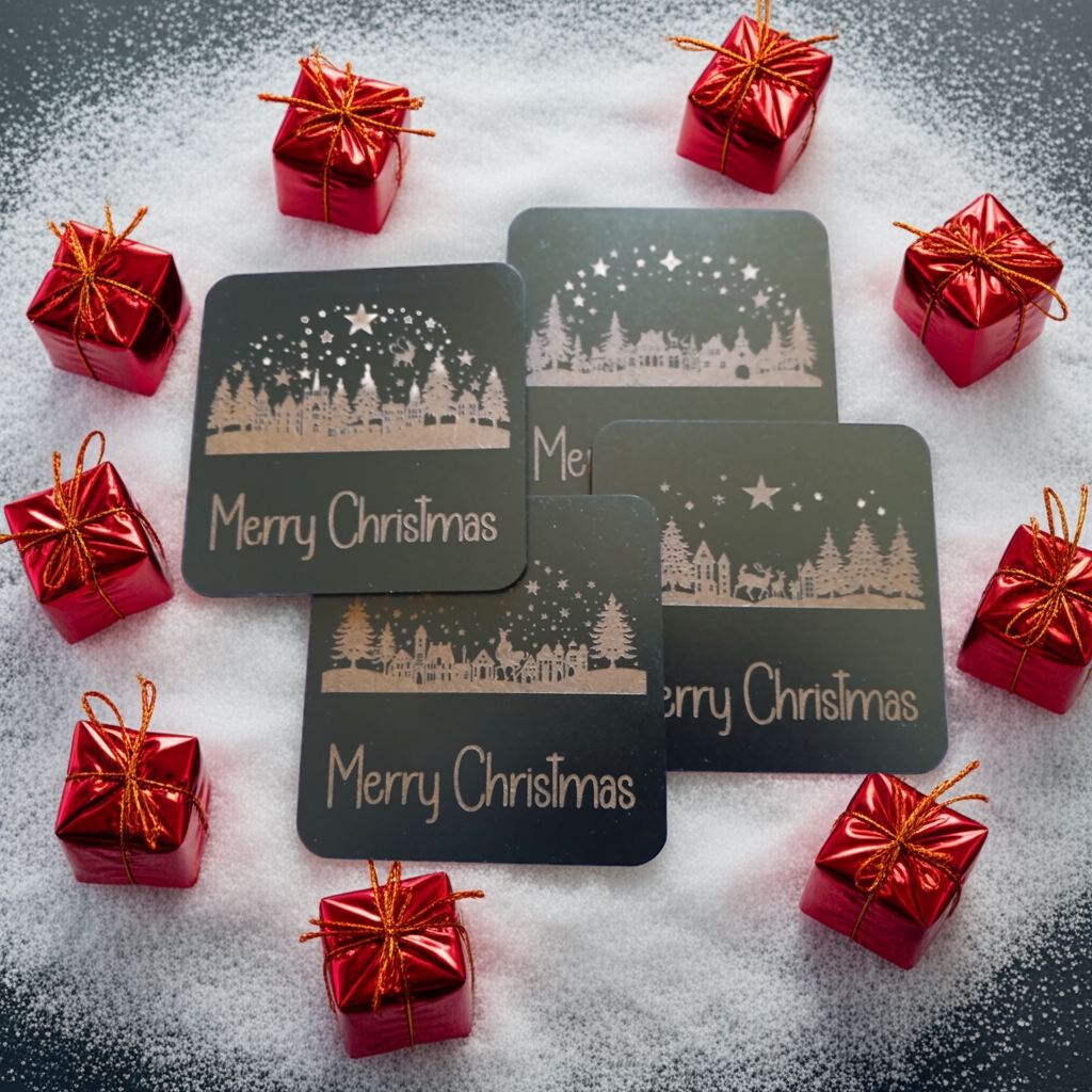 Set of 4, Exquisite engraved Christmas Scene Square Drink Coasters with bumper feet.