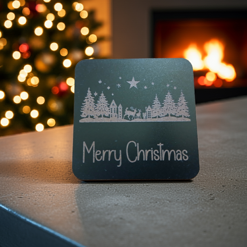Set of 4, Exquisite engraved Christmas Scene Square Drink Coasters with bumper feet.