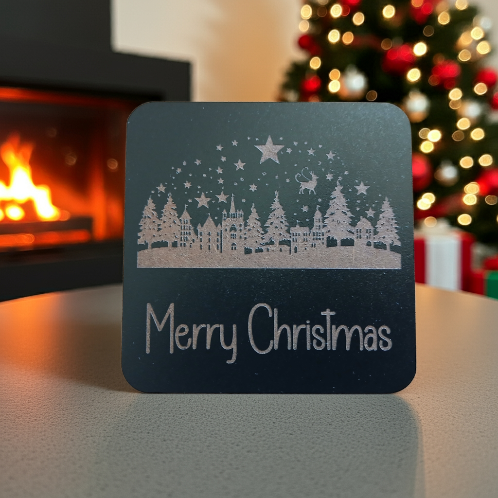 Set of 4, Exquisite engraved Christmas Scene Square Drink Coasters with bumper feet.