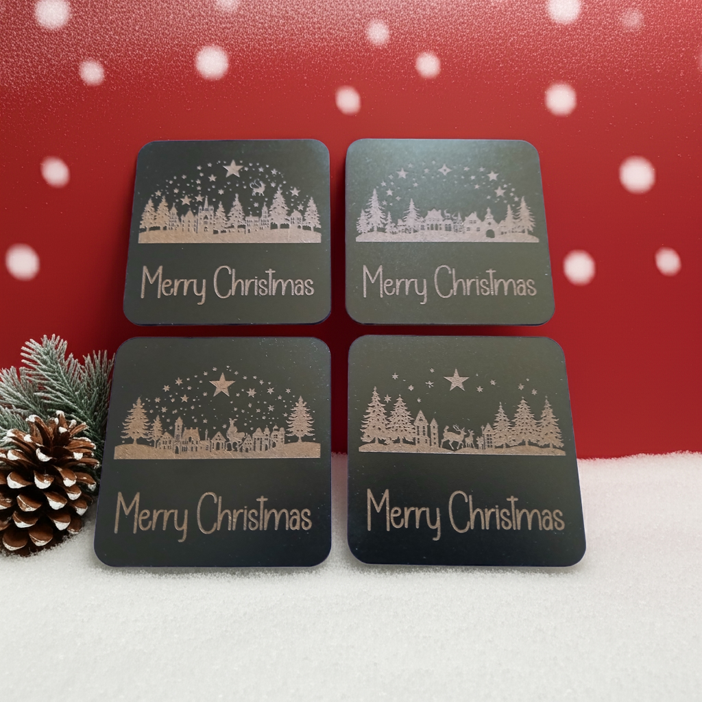 Set of 4, Exquisite engraved Christmas Scene Square Drink Coasters with bumper feet.