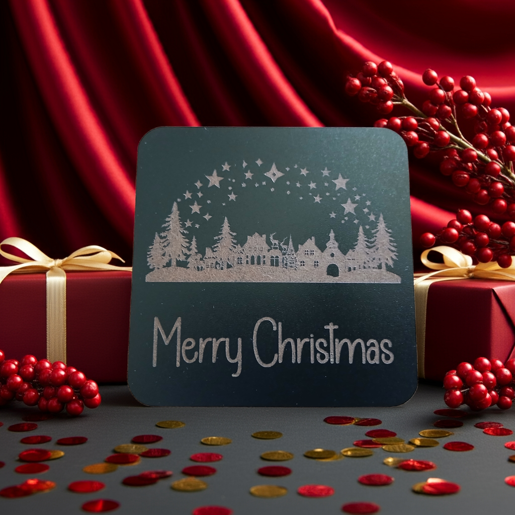 Set of 4, Exquisite engraved Christmas Scene Square Drink Coasters with bumper feet.