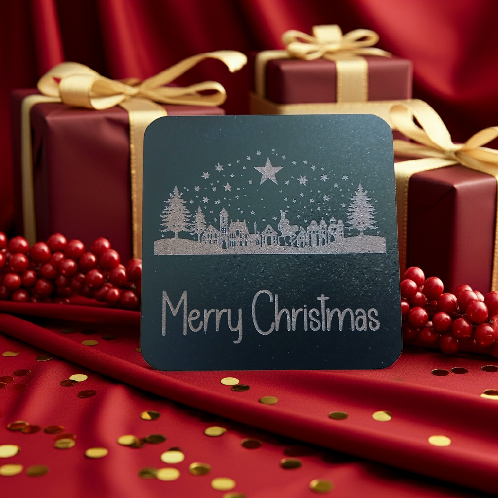 Set of 4, Exquisite engraved Christmas Scene Square Drink Coasters with bumper feet.