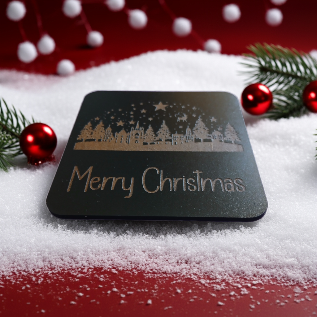 Set of 4, Exquisite engraved Christmas Scene Square Drink Coasters with bumper feet.