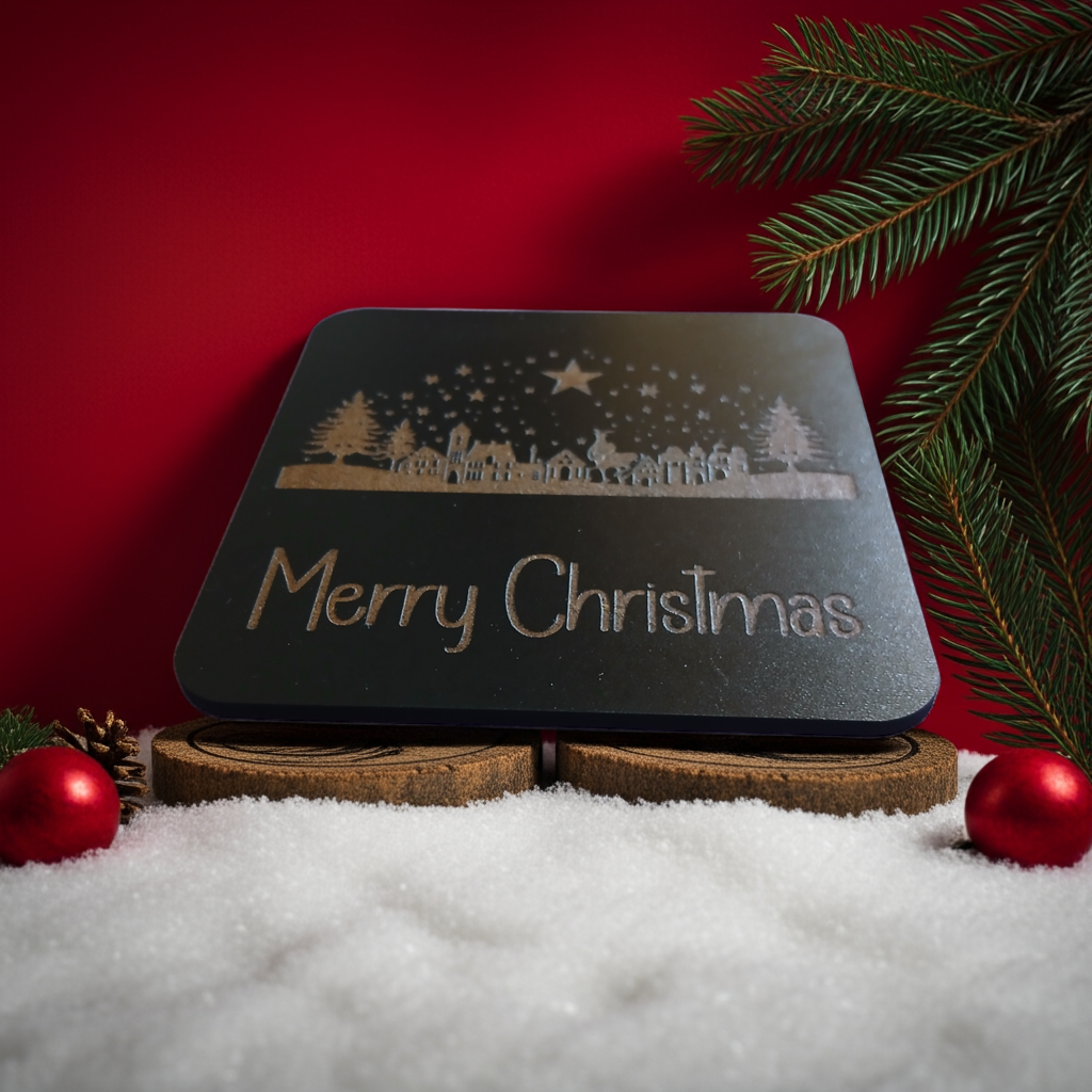 Set of 4, Exquisite engraved Christmas Scene Square Drink Coasters with bumper feet.