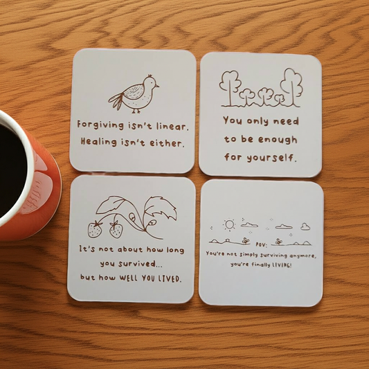Set of 4,  Good Mental Health Inspired Wood Drink Coasters, with bumper feet.