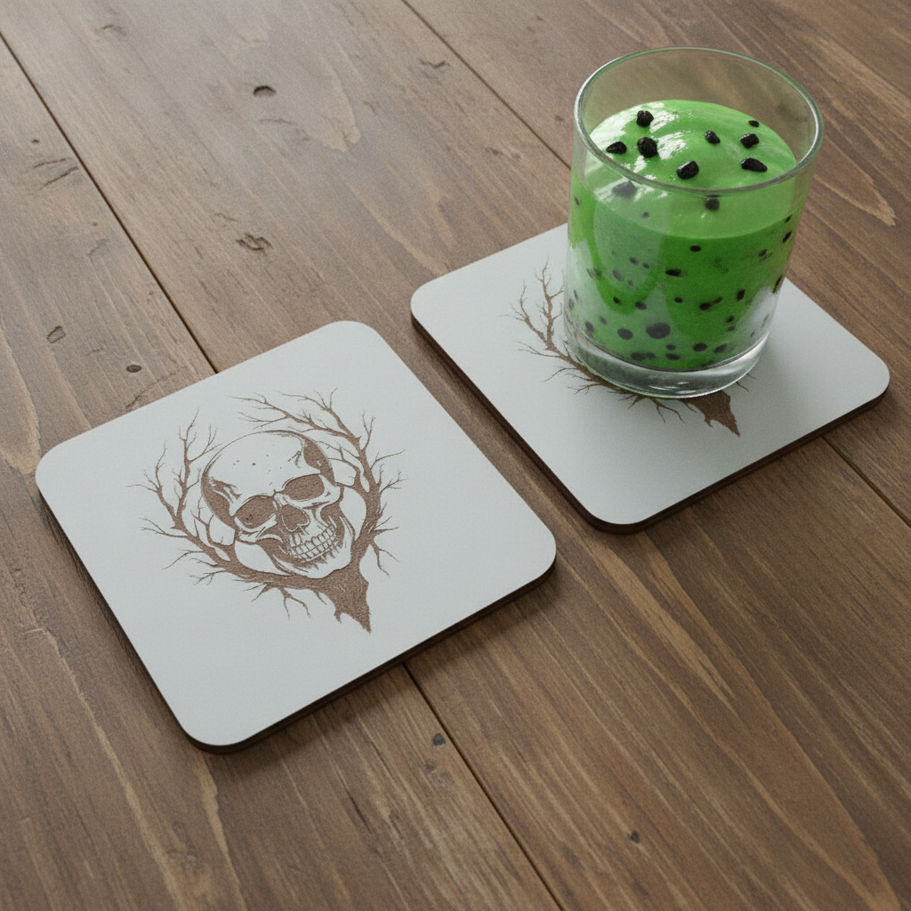 Set of 4, Macabre Collection, skull white topped wood drink coasters with bumper feet.
