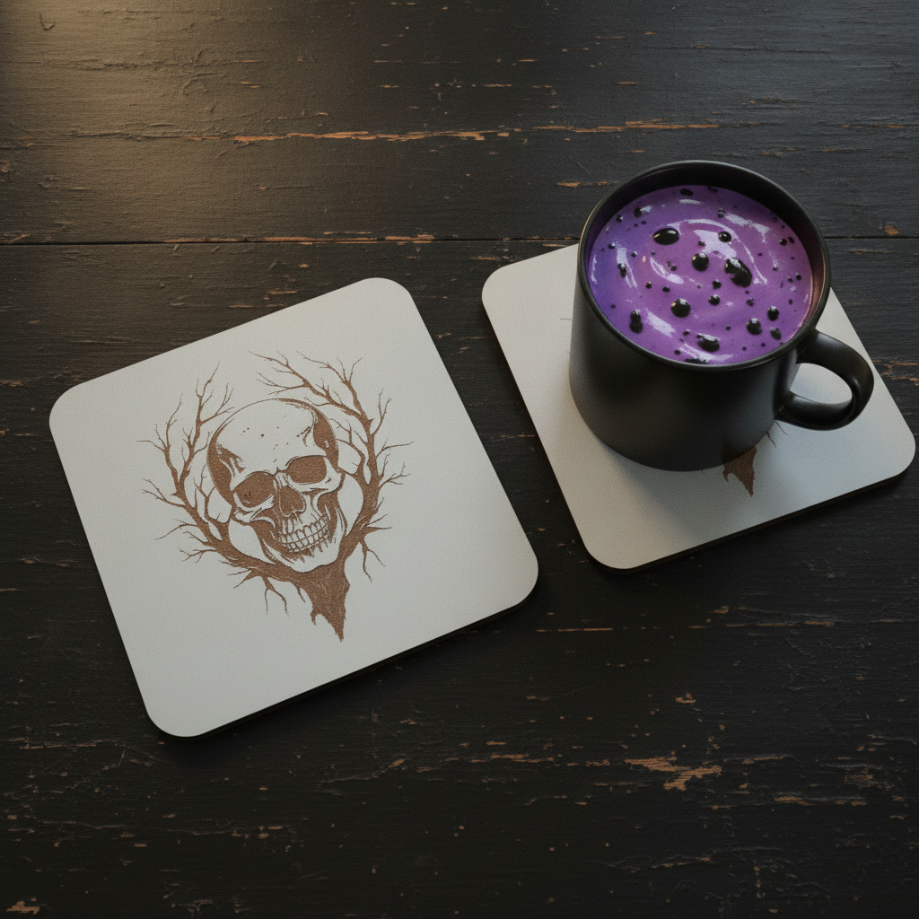 Set of 4, Macabre Collection, skull white topped wood drink coasters with bumper feet.