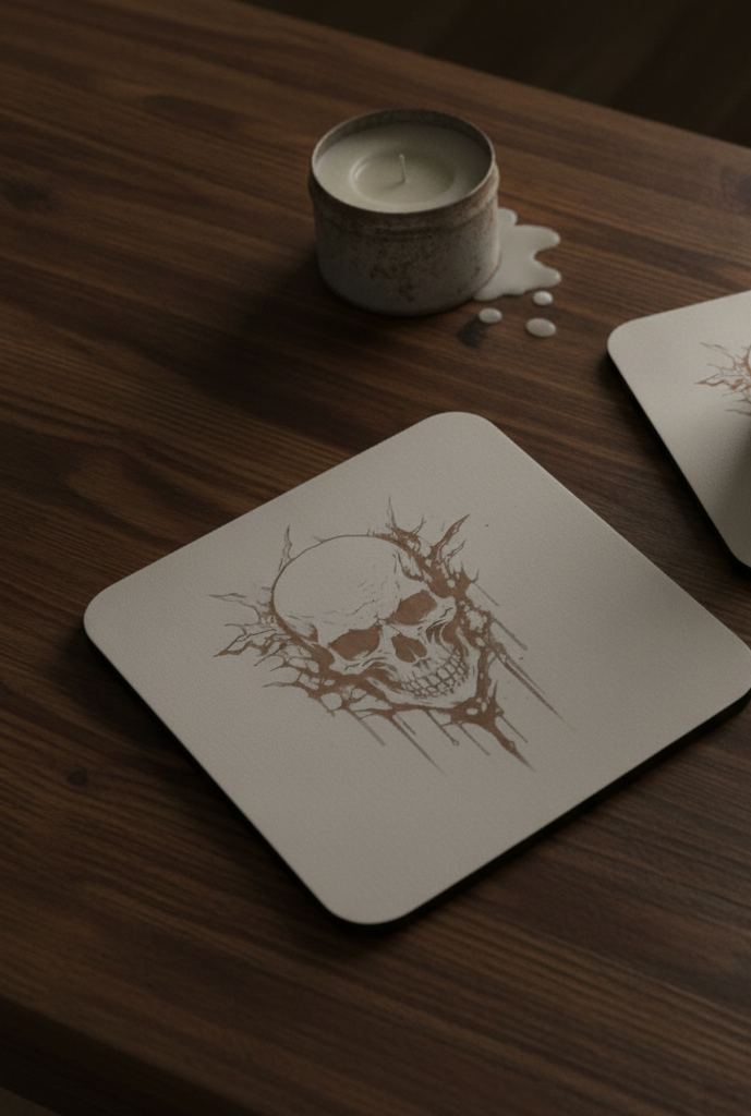 Set of 4, Macabre Collection, skull white topped wood drink coasters with bumper feet.
