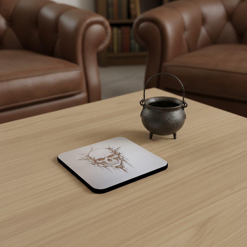 Set of 4, Macabre Collection, skull white topped wood drink coasters with bumper feet.