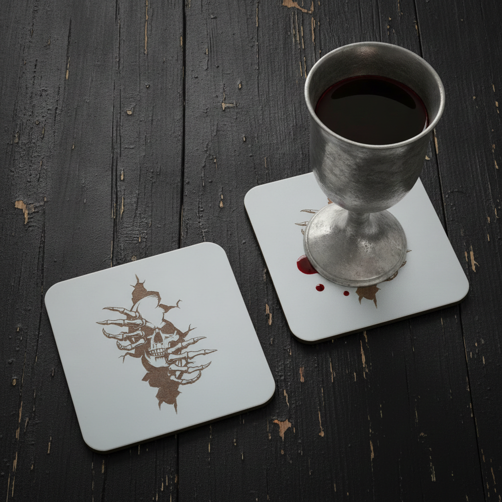 Set of 4, Macabre Collection, skull white topped wood drink coasters with bumper feet.