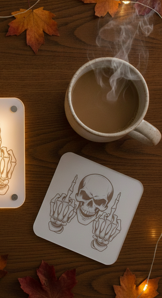 Set of 4, Macabre Collection, skull white topped wood drink coasters with bumper feet.