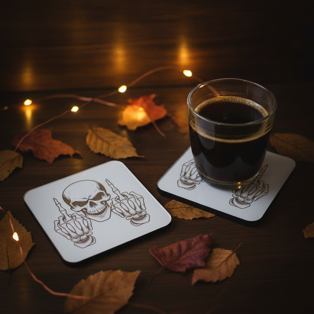 Set of 4, Macabre Collection, skull white topped wood drink coasters with bumper feet.