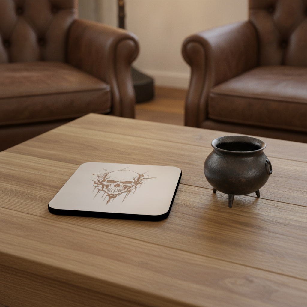 Set of 4, Macabre Collection, skull white topped wood drink coasters with bumper feet.