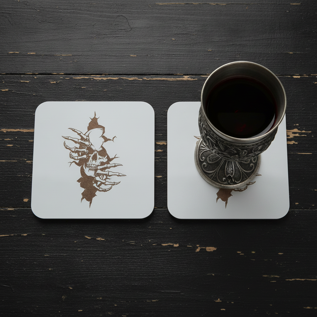 Set of 4, Macabre Collection, skull white topped wood drink coasters with bumper feet.