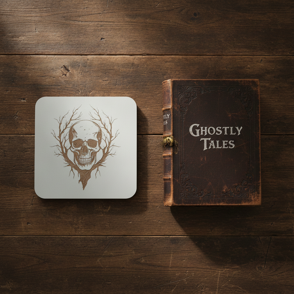 Set of 4, Macabre Collection, skull white topped wood drink coasters with bumper feet.