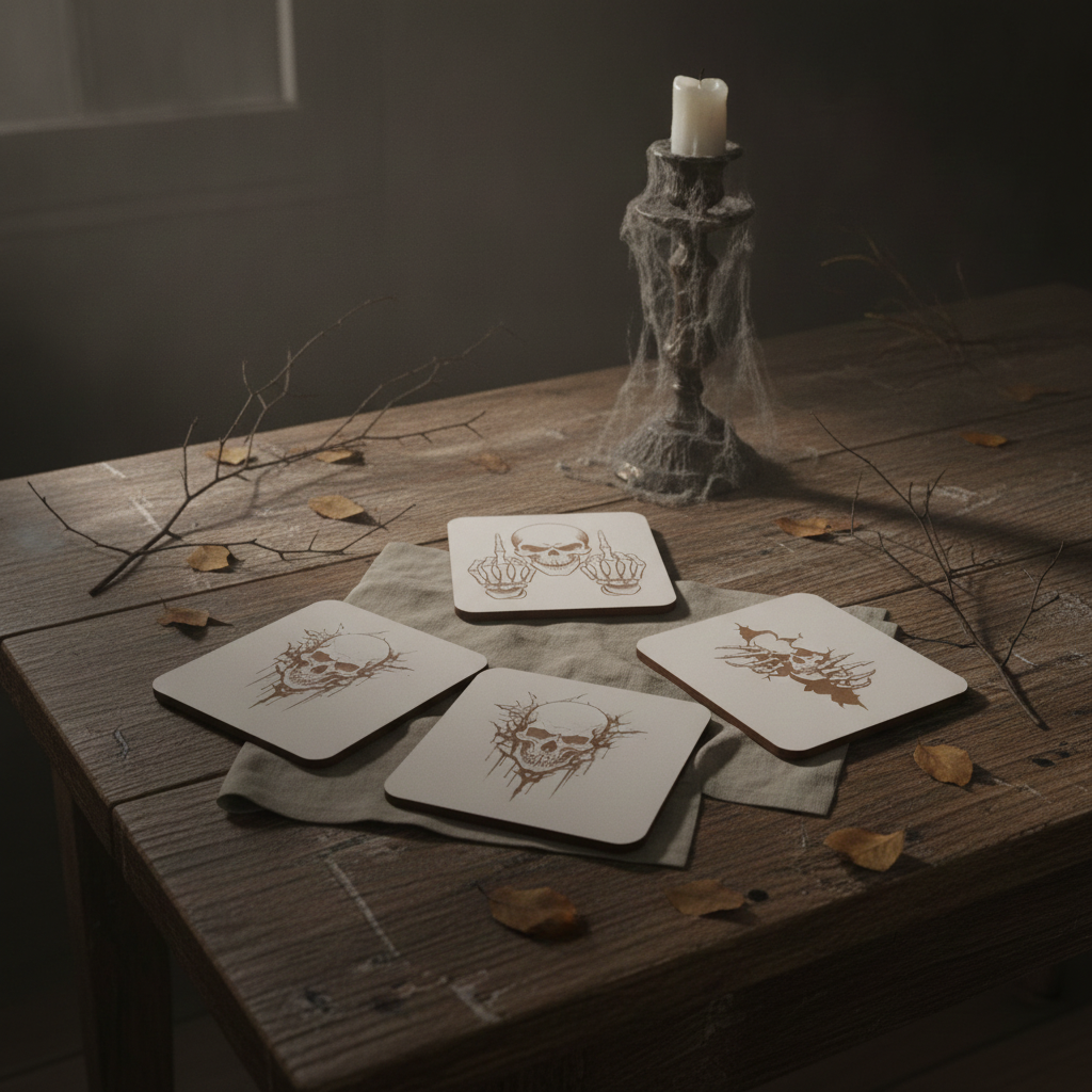Set of 4, Macabre Collection, skull white topped wood drink coasters with bumper feet.