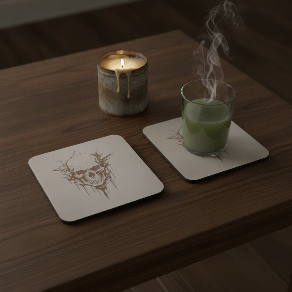 Set of 4, Macabre Collection, skull white topped wood drink coasters with bumper feet.
