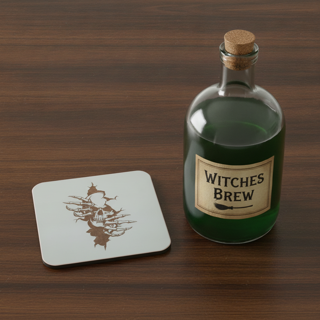 Set of 4, Macabre Collection, skull white topped wood drink coasters with bumper feet.