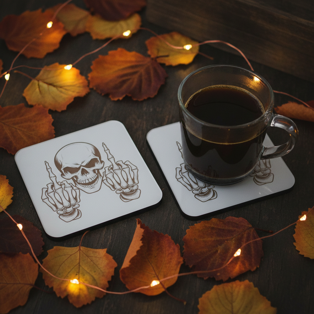 Set of 4, Macabre Collection, skull white topped wood drink coasters with bumper feet.