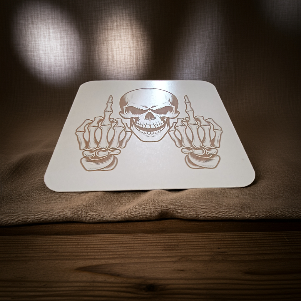 Set of 4, Macabre Collection, skull white topped wood drink coasters with bumper feet.
