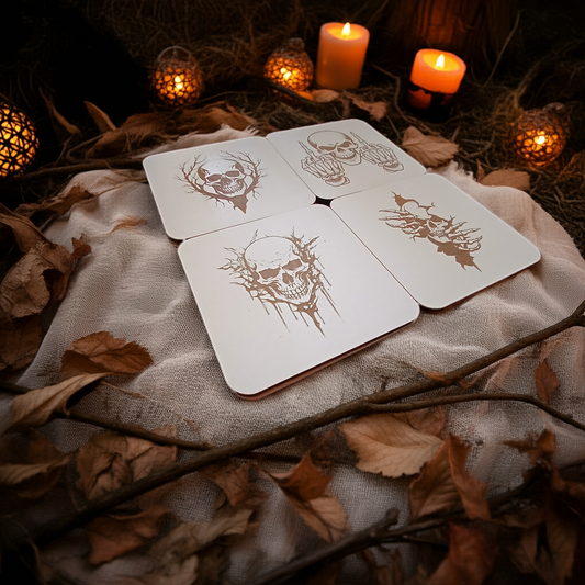 Set of 4, Macabre Collection, skull white topped wood drink coasters with bumper feet.