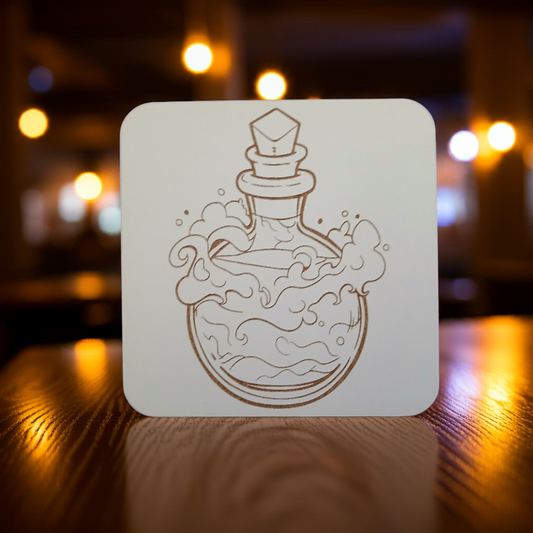 Set of 4, Magic Potion Bottle Drink Coasters on White Topped Wood, 9.5cm, with bumper feet.