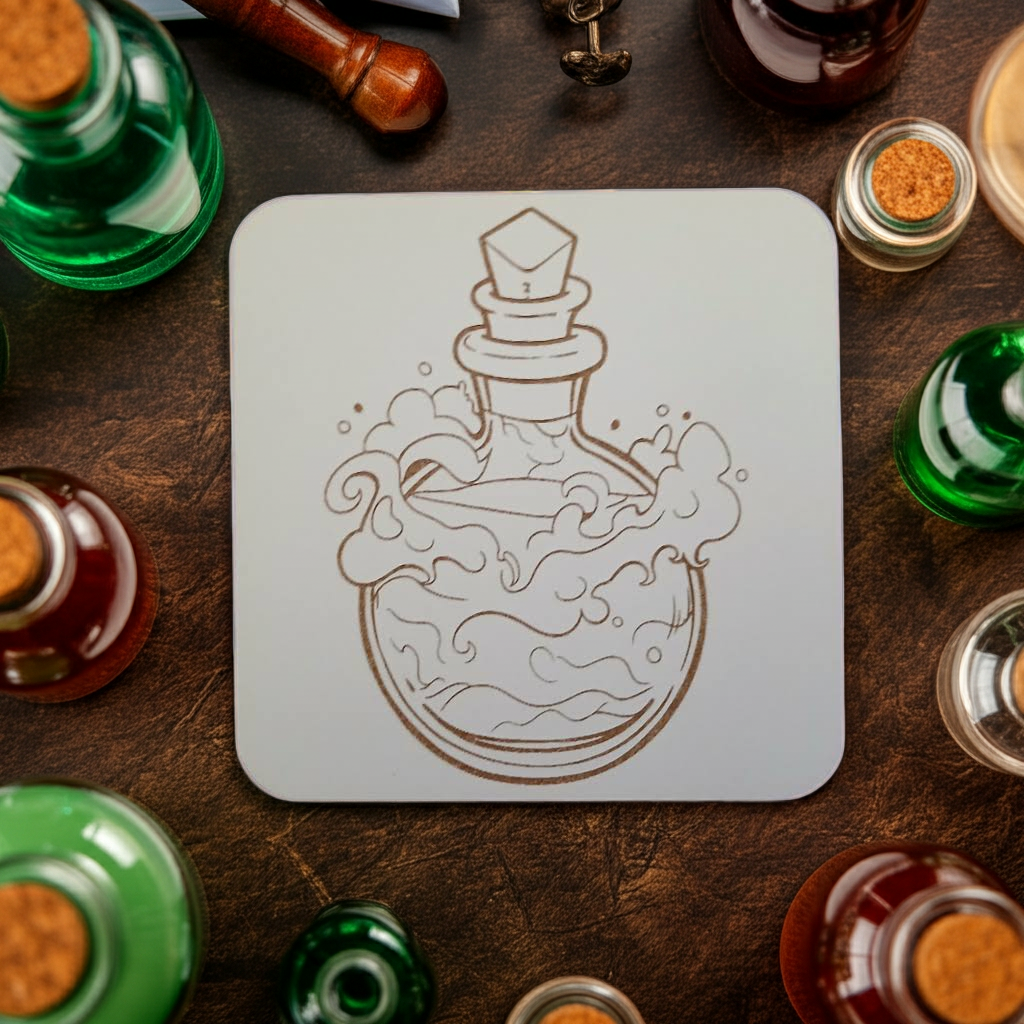Set of 4, Magic Potion Bottle Drink Coasters on White Topped Wood, 9.5cm, with bumper feet.