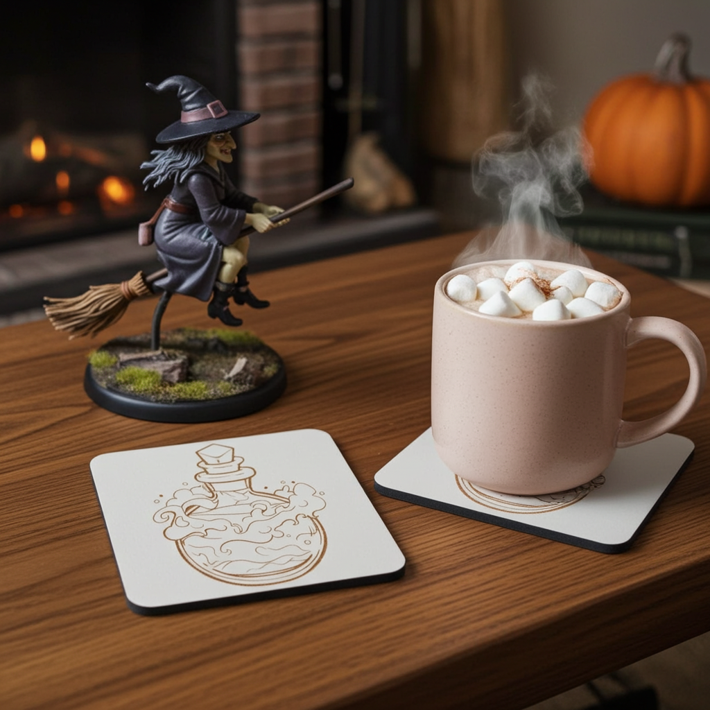 Set of 4, Magic Potion Bottle Drink Coasters on White Topped Wood, 9.5cm, with bumper feet.