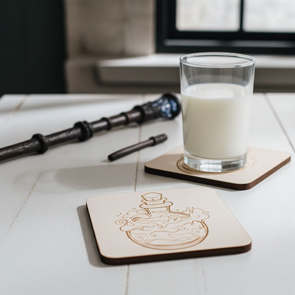 Set of 4, Magic Potion Bottle Drink Coasters on White Topped Wood, 9.5cm, with bumper feet.