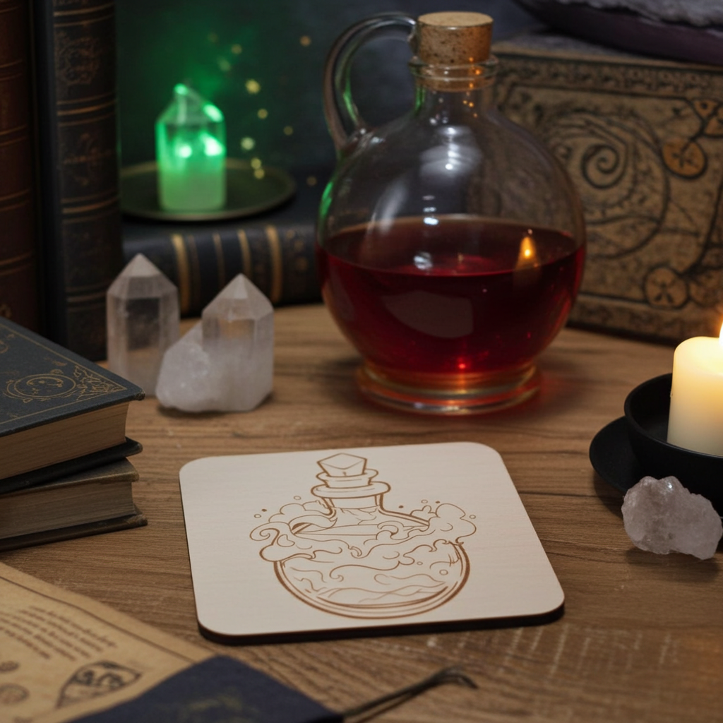 Set of 4, Magic Potion Bottle Drink Coasters on White Topped Wood, 9.5cm, with bumper feet.
