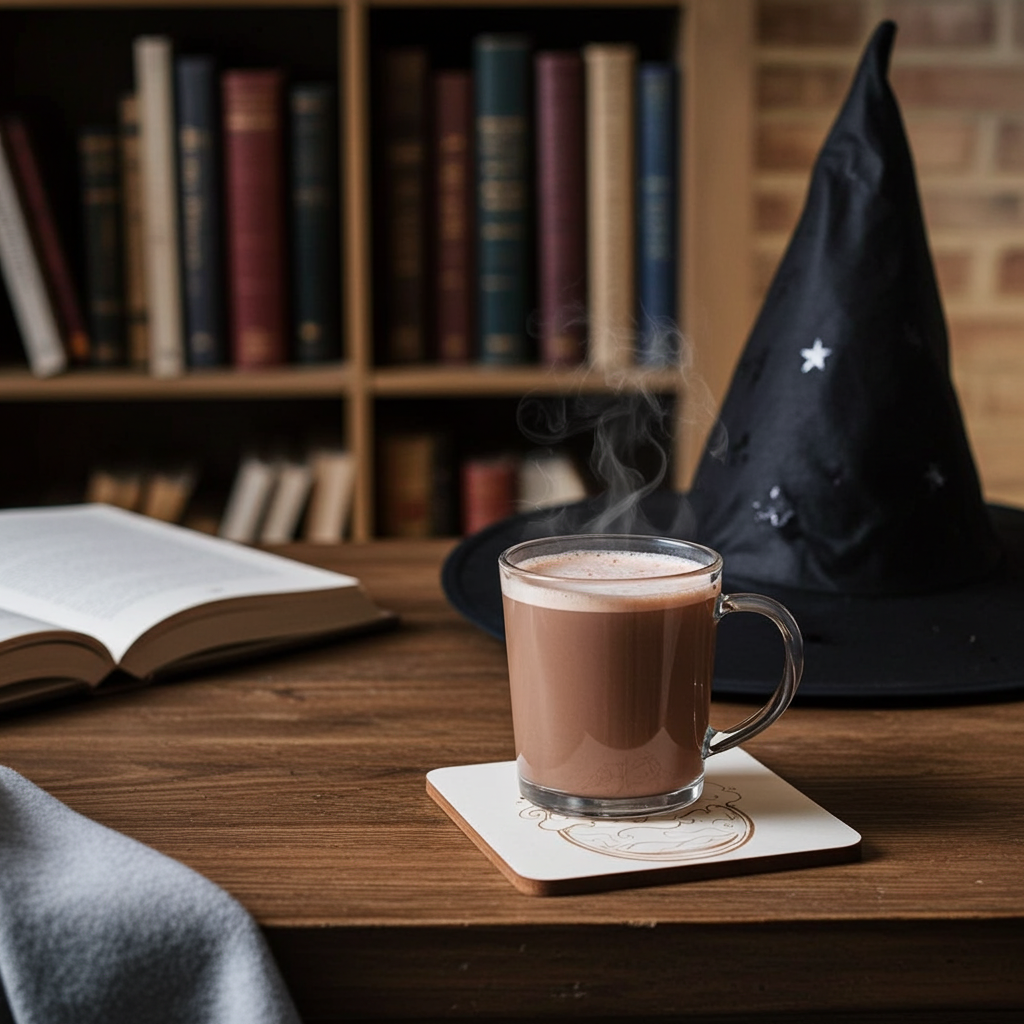 Set of 4, Magic Potion Bottle Drink Coasters on White Topped Wood, 9.5cm, with bumper feet.