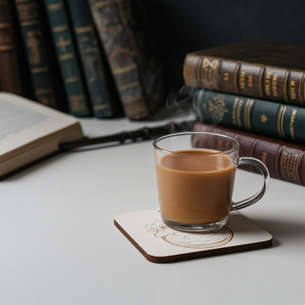 Set of 4, Magic Potion Bottle Drink Coasters on White Topped Wood, 9.5cm, with bumper feet.
