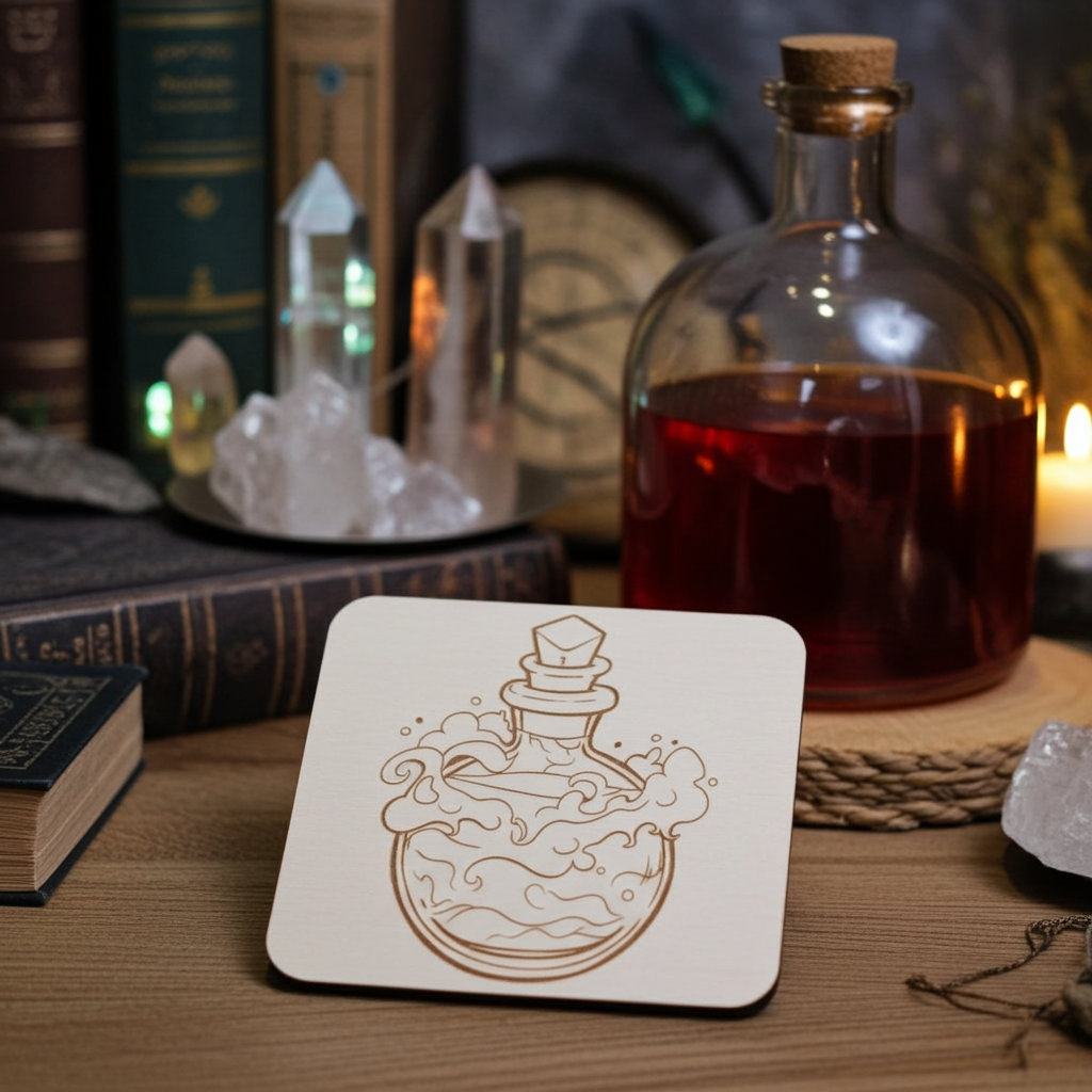 Set of 4, Magic Potion Bottle Drink Coasters on White Topped Wood, 9.5cm, with bumper feet.