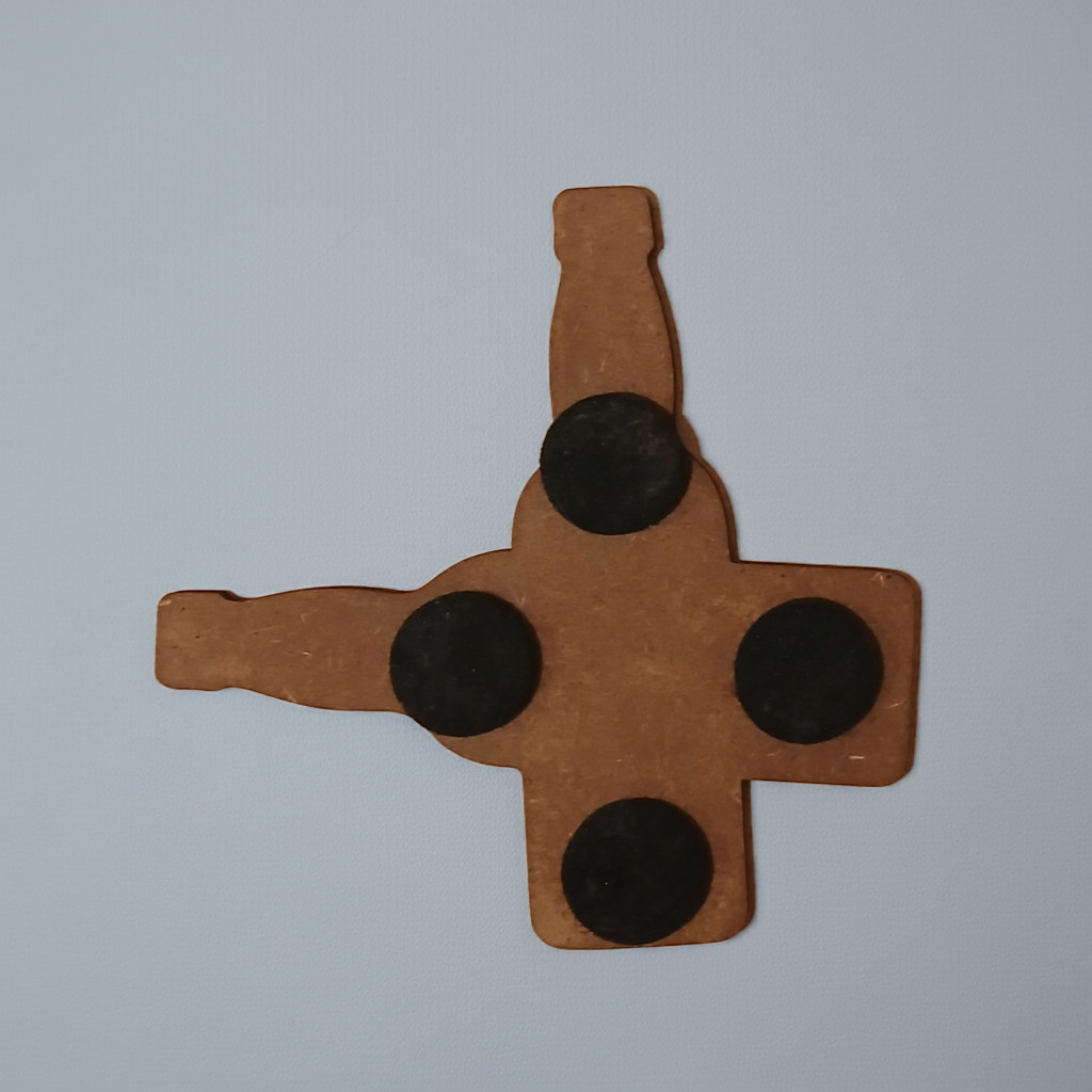 Set of 4, Novelty Drink Coasters on Black Topped Wood., Beer Bottles, with bumper feet.