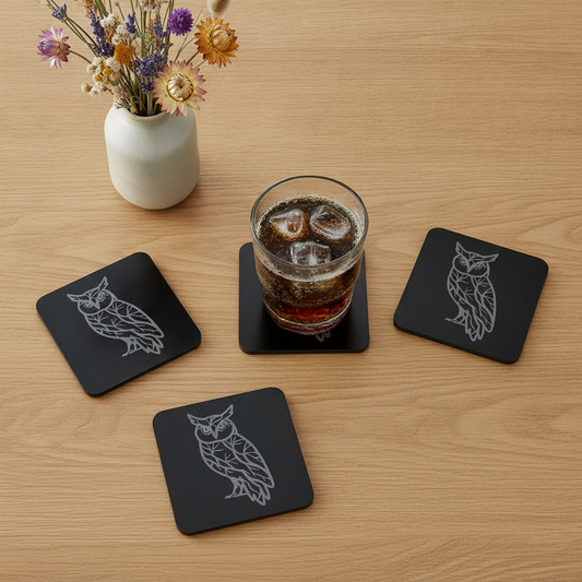 Set of 4, Owl Collection, Black Topped Wood Drink Coasters with Bumper Feet, 9.5cms.