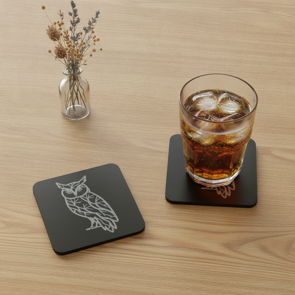 Set of 4, Owl Collection, Black Topped Wood Drink Coasters with Bumper Feet, 9.5cms.