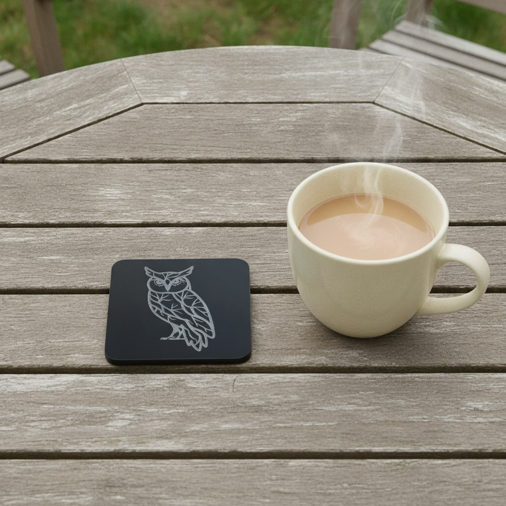 Set of 4, Owl Collection, Black Topped Wood Drink Coasters with Bumper Feet, 9.5cms.