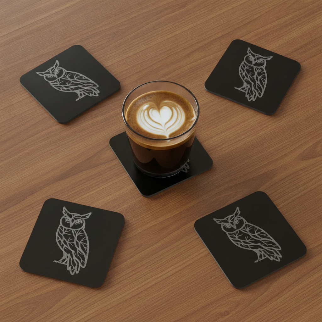 Set of 4, Owl Collection, Black Topped Wood Drink Coasters with Bumper Feet, 9.5cms.