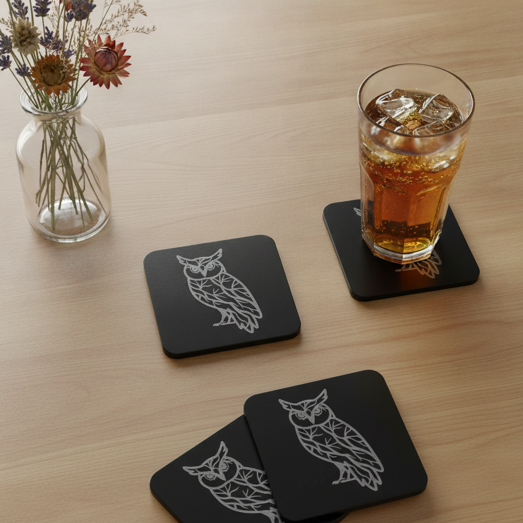 Set of 4, Owl Collection, Black Topped Wood Drink Coasters with Bumper Feet, 9.5cms.