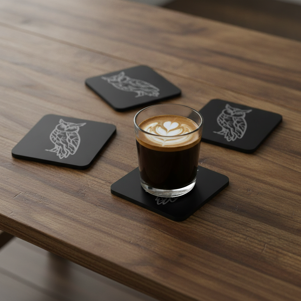 Set of 4, Owl Collection, Black Topped Wood Drink Coasters with Bumper Feet, 9.5cms.
