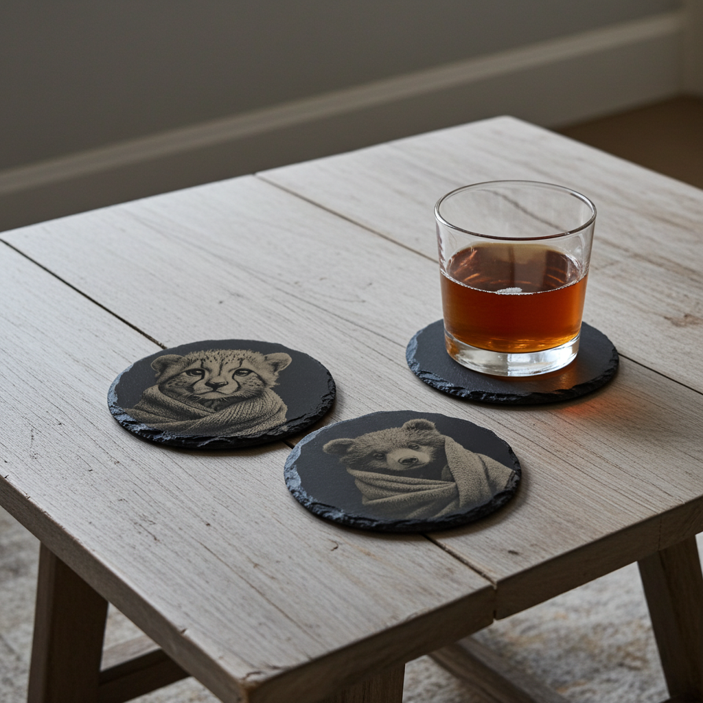 Set of 4, Round Slate Coasters - Bear and Cub in Blanket Collection, (2 designs per set). with bumper feet.