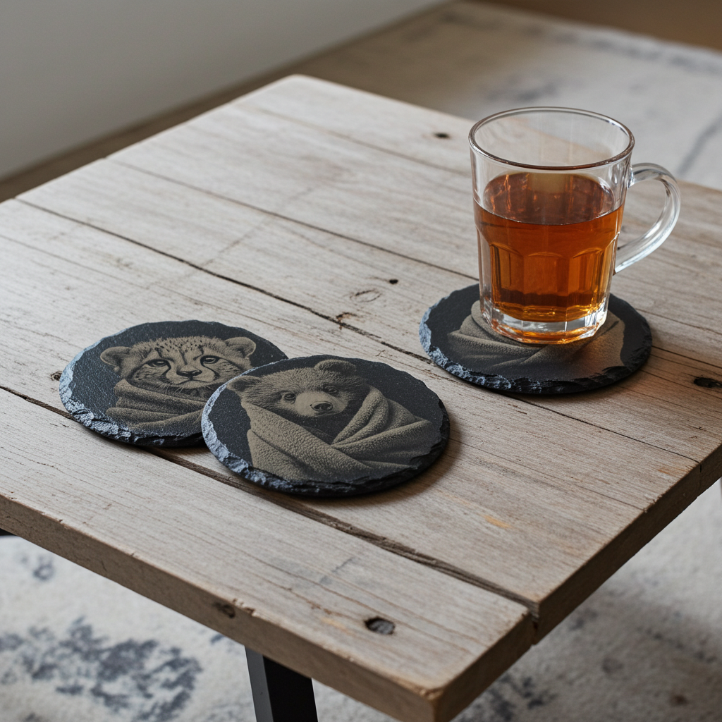 Set of 4, Round Slate Coasters - Bear and Cub in Blanket Collection, (2 designs per set). with bumper feet.