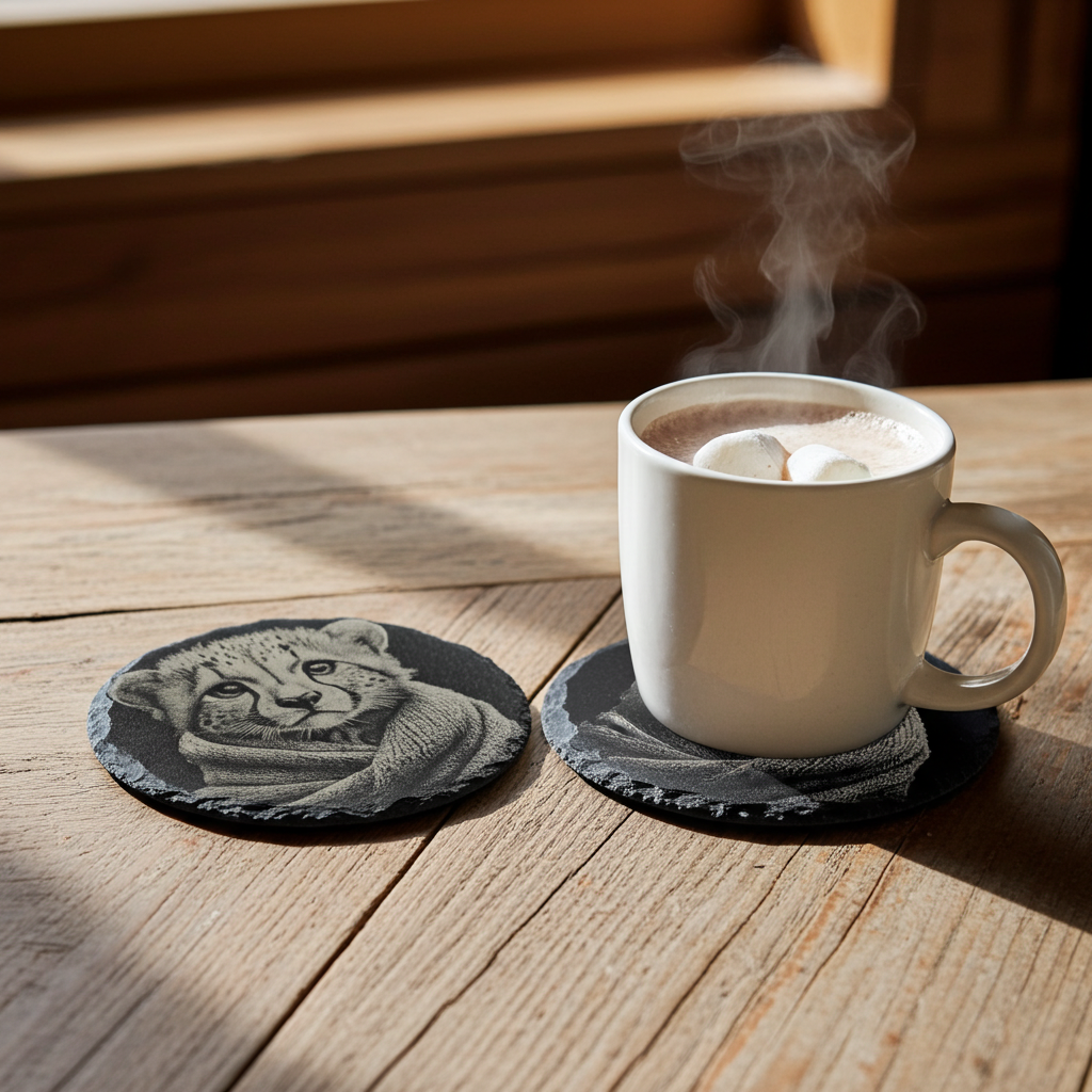 Set of 4, Round Slate Coasters - Bear and Cub in Blanket Collection, (2 designs per set). with bumper feet.