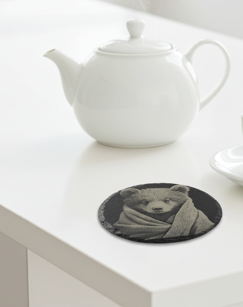 Set of 4, Round Slate Coasters- Bear in a blanket collection- with bumper feet.