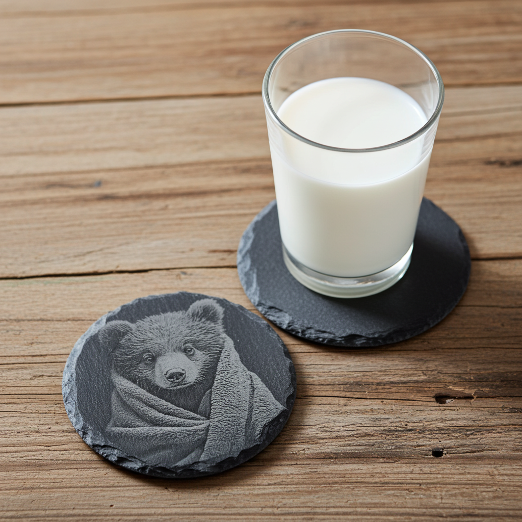 Set of 4, Round Slate Coasters - Bear and Cub in Blanket Collection, (2 designs per set). with bumper feet.