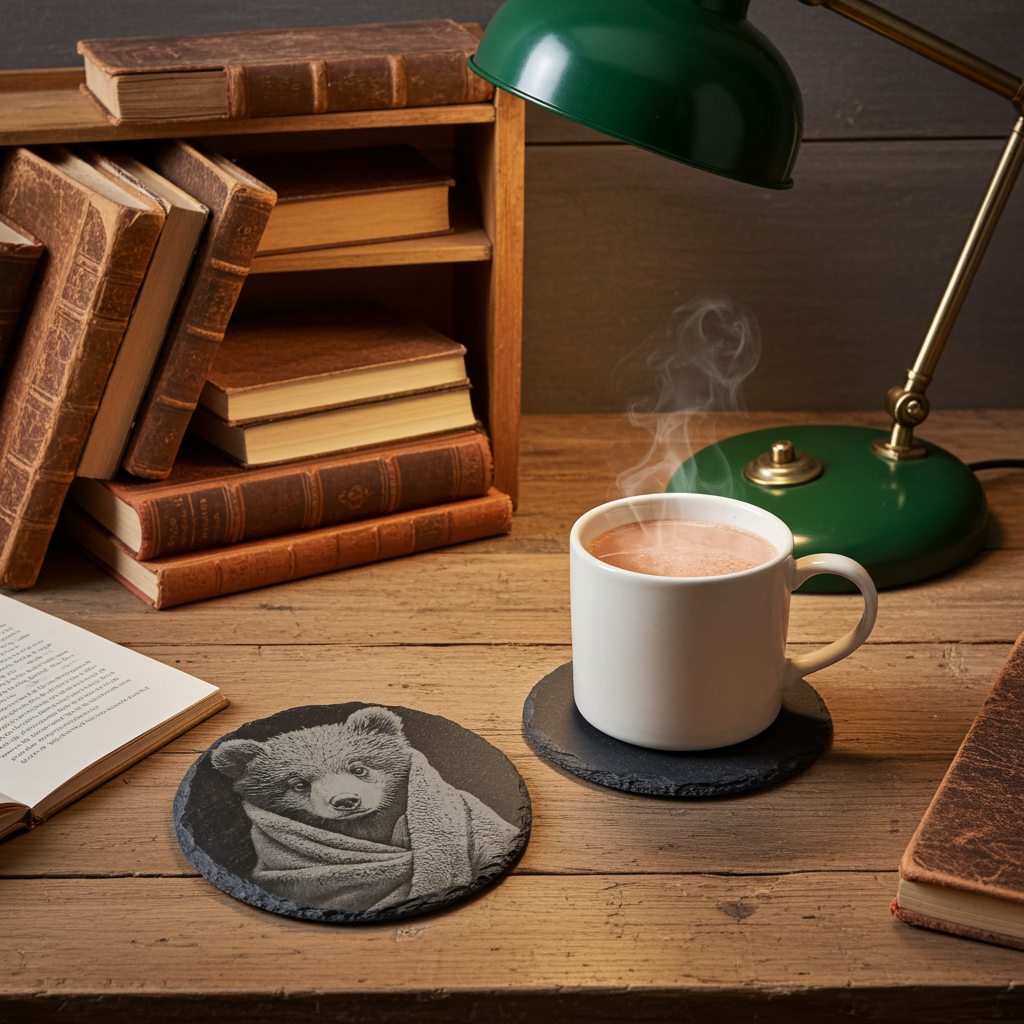 Set of 4, Round Slate Coasters - Bear and Cub in Blanket Collection, (2 designs per set). with bumper feet.