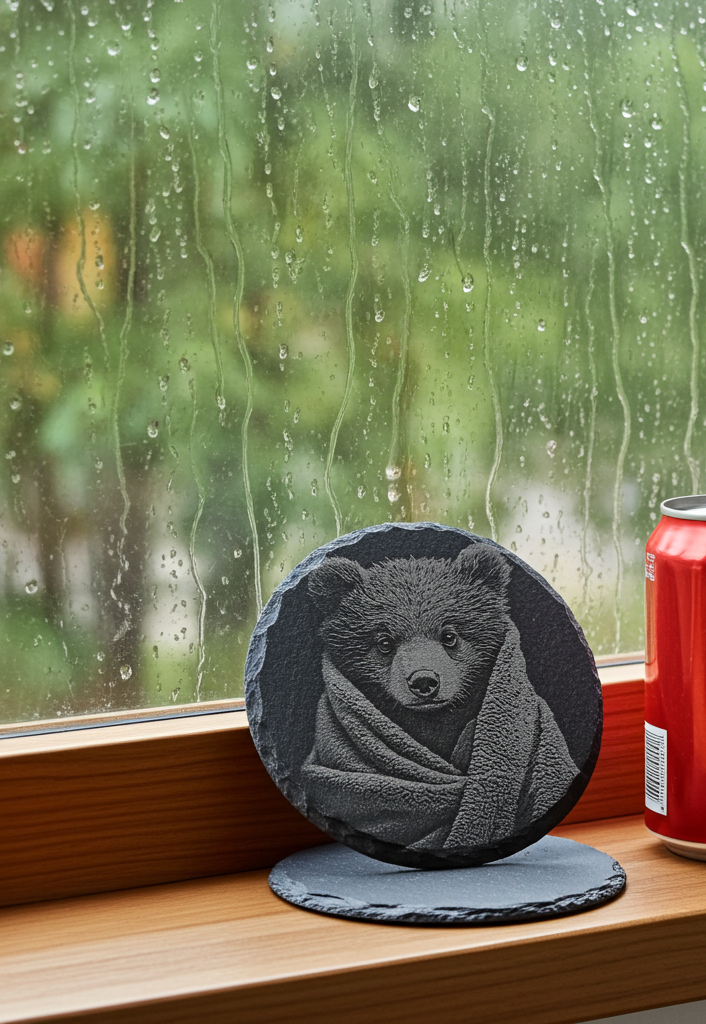 Set of 4, Round Slate Coasters - Bear and Cub in Blanket Collection, (2 designs per set). with bumper feet.