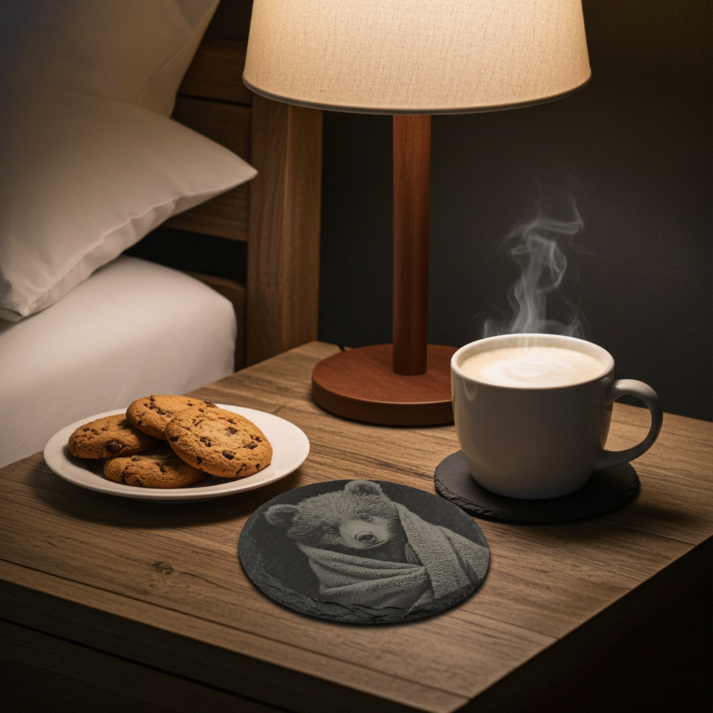 Set of 4, Round Slate Coasters- Bear in a blanket collection- with bumper feet.