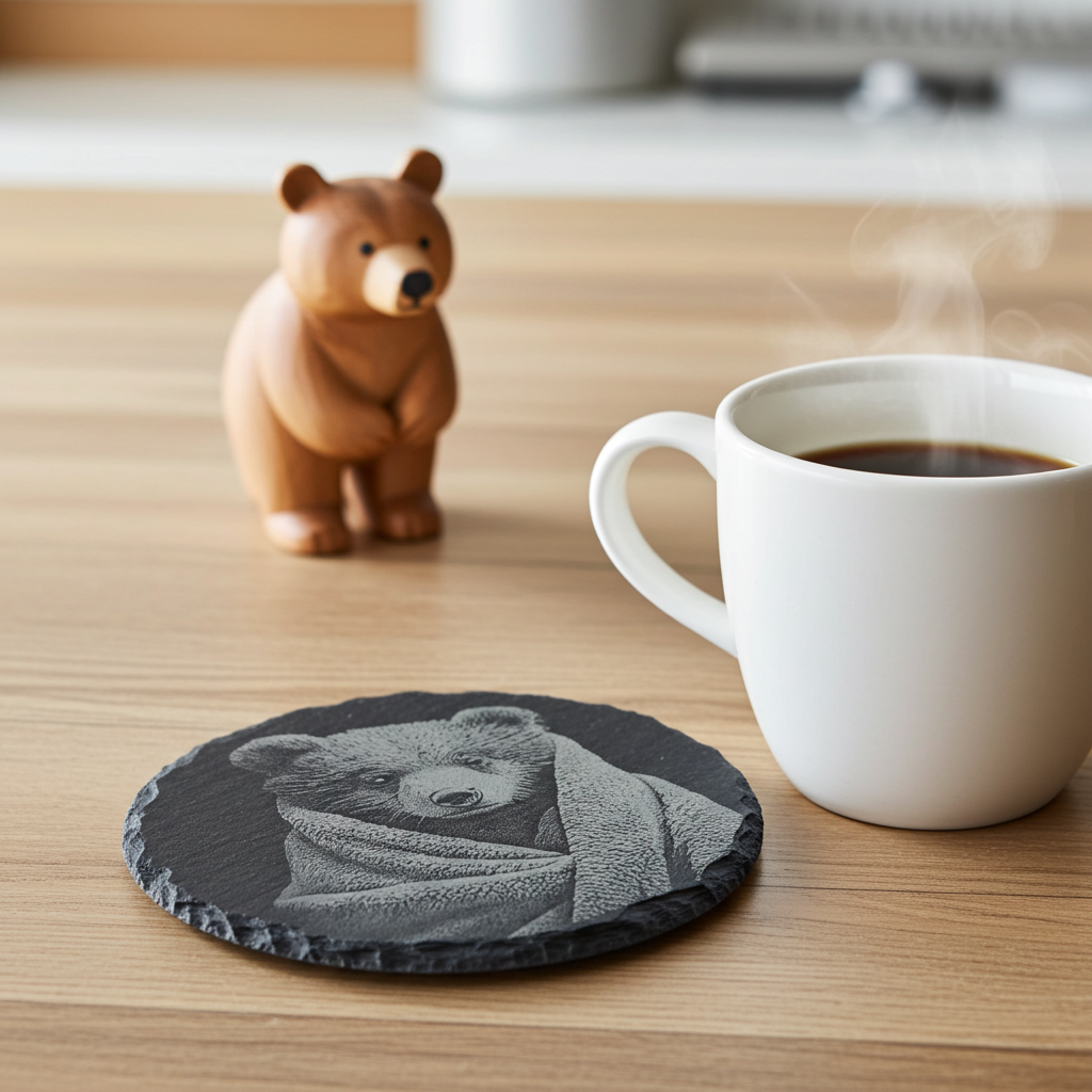 Set of 4, Round Slate Coasters- Bear in a blanket collection- with bumper feet.