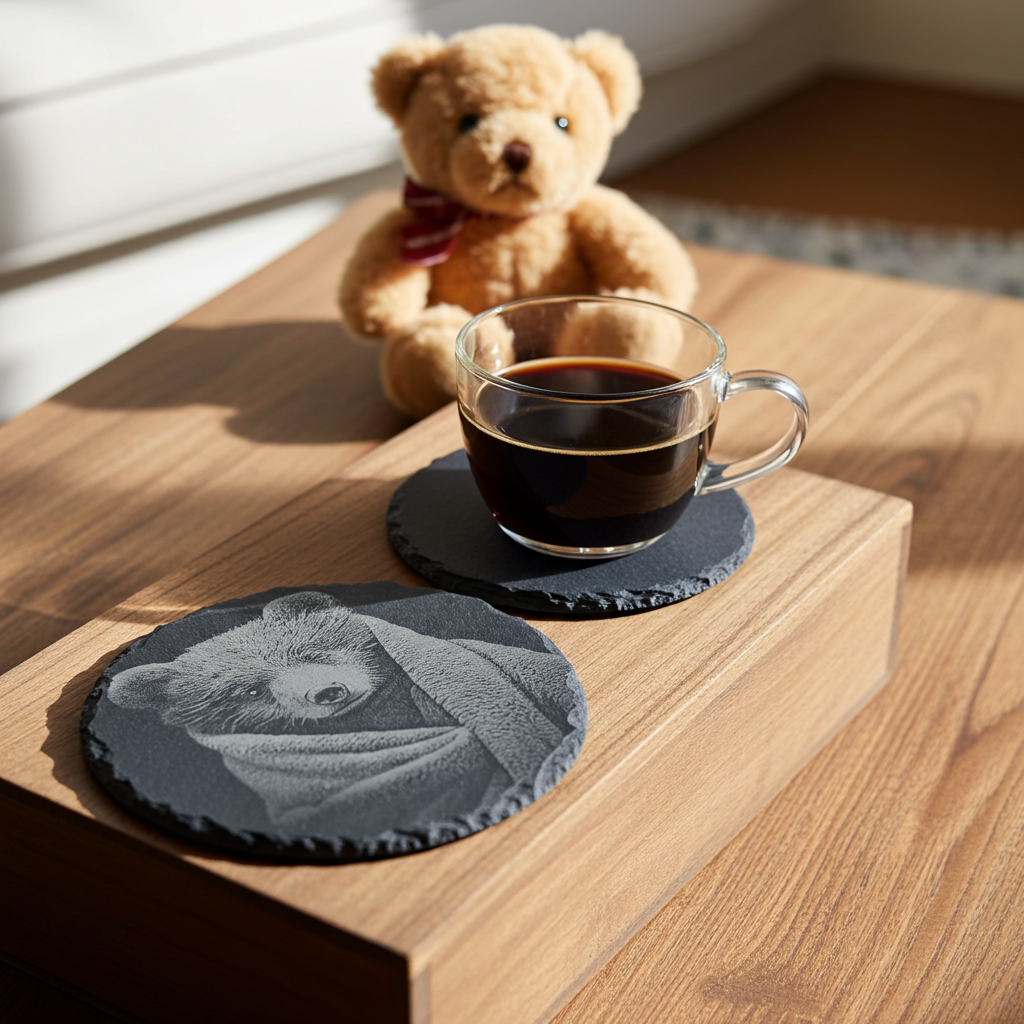 Set of 4, Round Slate Coasters- Bear in a blanket collection- with bumper feet.